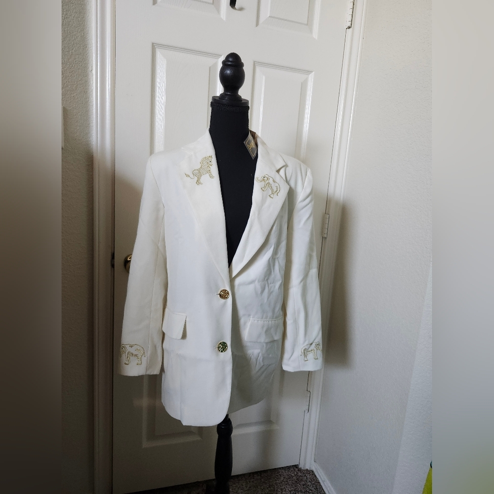 Vintage‎ Christine Phillipe 90s Embroidered White Blazer Elephant Zebra S